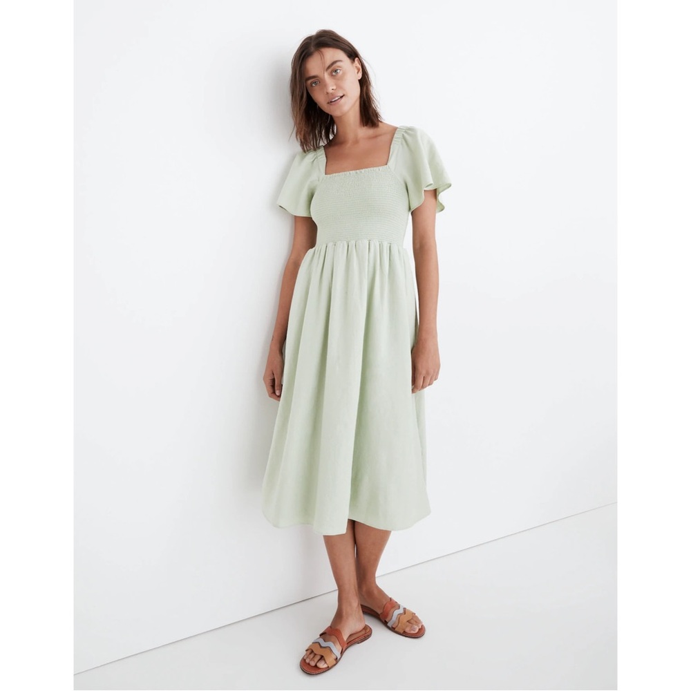 Madewell Linen-Blend Smocked Midi Dress in Light Green